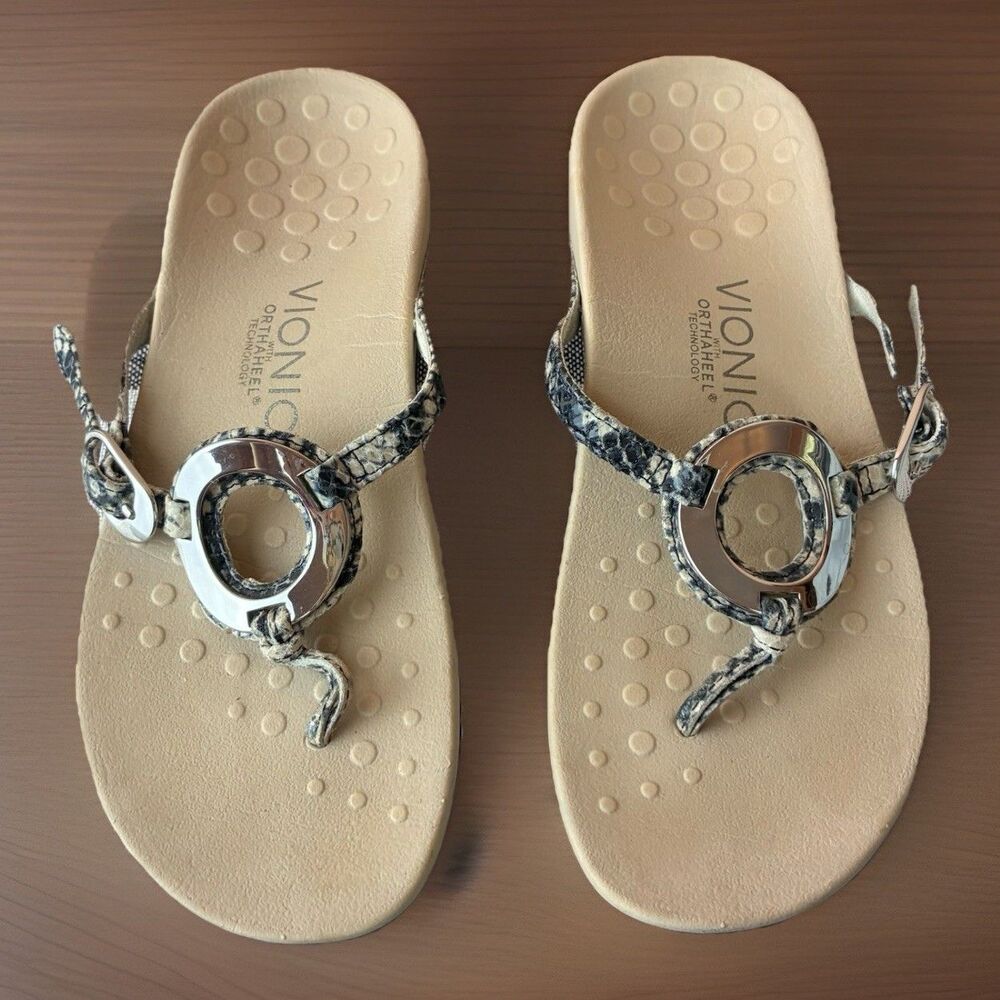 Vionic Women’s Size 5 Sandals Karina Post Orthotic Faux Snakeskin Flip Flops